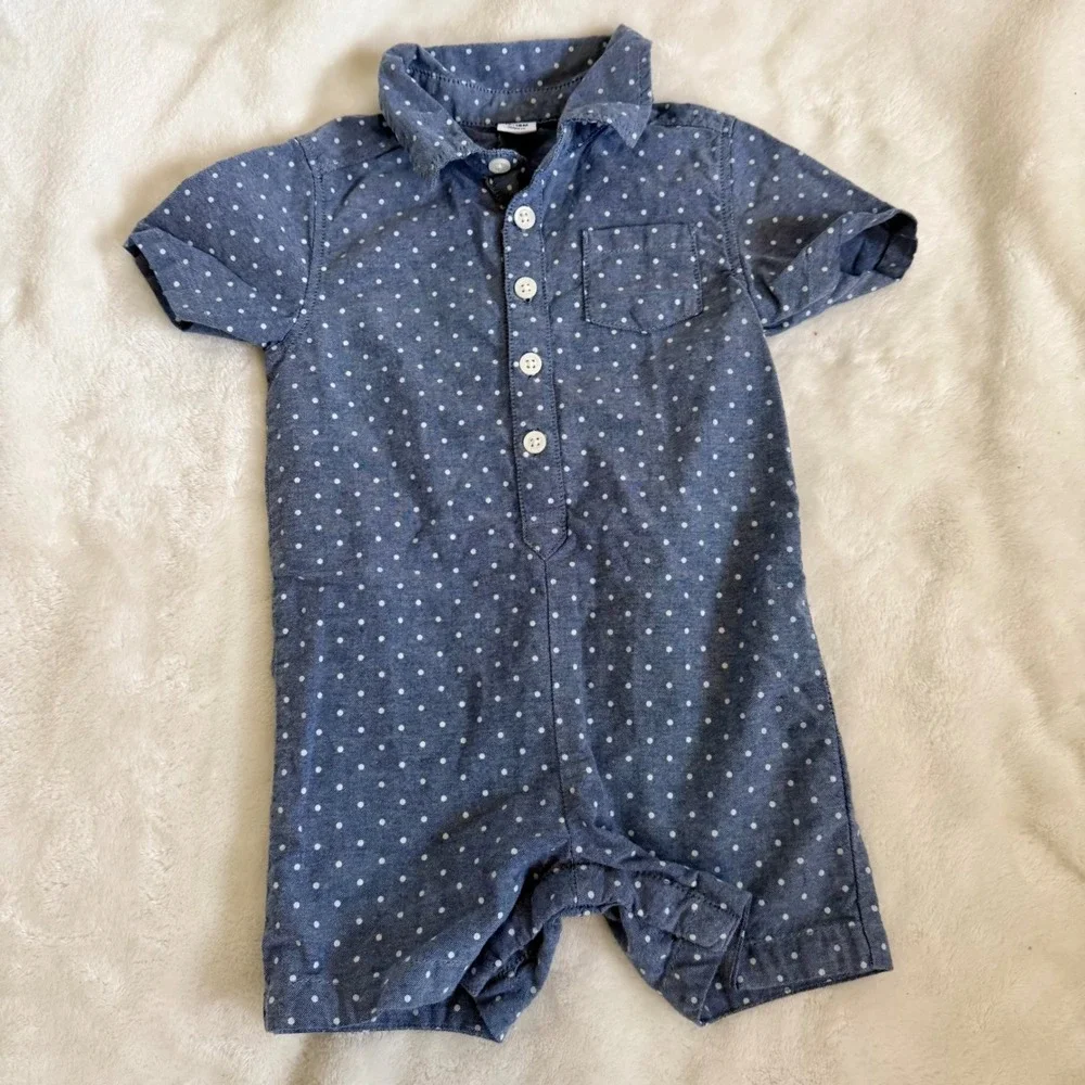 Old Navy Sz 12-18M Chambray Polka Dot Button-Front Baby Boy Romper Snap Crotch